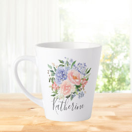 Monogram Waterverf Blauw Roze Lente Bloemen Latte Mok