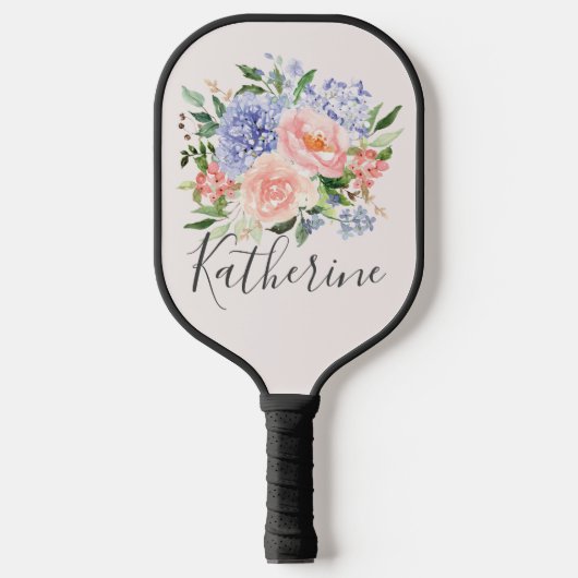 Monogram Waterverf Blauw Roze Lente Bloemen Pickleball Paddle (Voorkant)