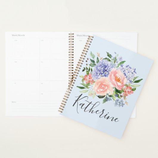 Monogram Waterverf Blauw Roze Lente Bloemen Planner (Display)