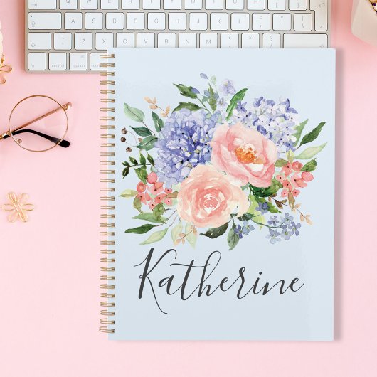 Monogram Waterverf Blauw Roze Lente Bloemen Planner