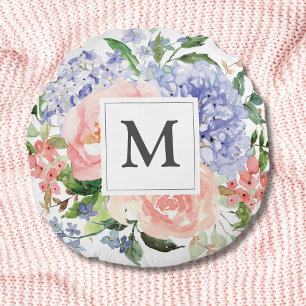 Monogram Waterverf Blauw Roze Lente Bloemen Rond Kussen