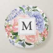 Monogram Waterverf Blauw Roze Lente Bloemen Rond Kussen (Voorkant)