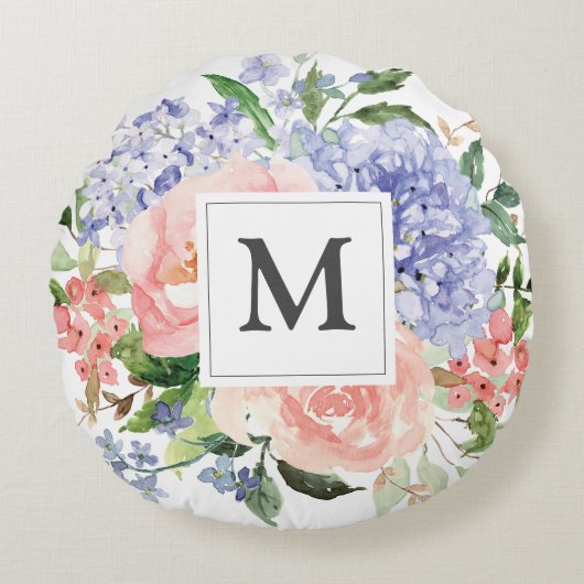Monogram Waterverf Blauw Roze Lente Bloemen Rond Kussen (Voorkant)