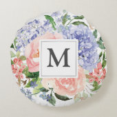Monogram Waterverf Blauw Roze Lente Bloemen Rond Kussen (Achterkant)