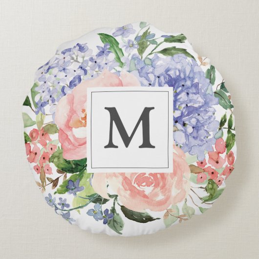 Monogram Waterverf Blauw Roze Lente Bloemen Rond Kussen (Achterkant)
