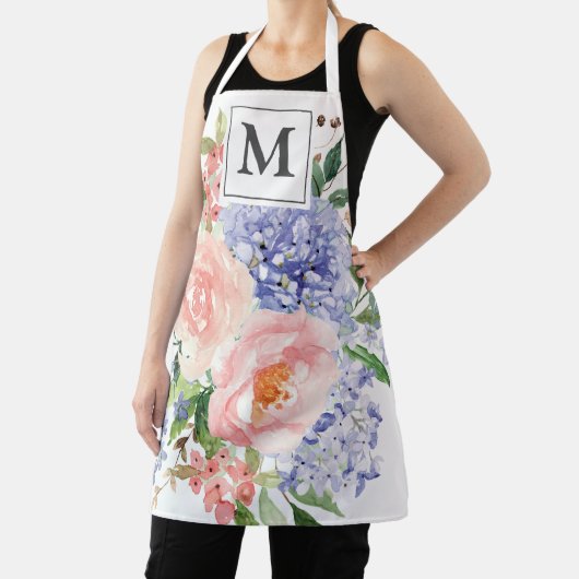 Monogram Waterverf Blauw Roze Lente Bloemen Schort (Insitu)