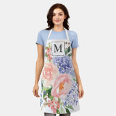 Monogram Waterverf Blauw Roze Lente Bloemen Schort (Gedragen)
