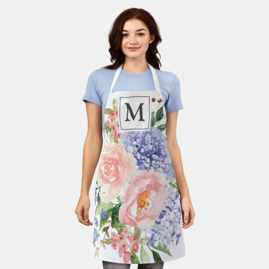 Monogram Waterverf Blauw Roze Lente Bloemen Schort (Gedragen)