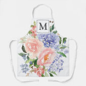Monogram Waterverf Blauw Roze Lente Bloemen Schort (Voorkant)