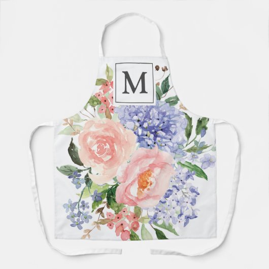 Monogram Waterverf Blauw Roze Lente Bloemen Schort (Voorkant)