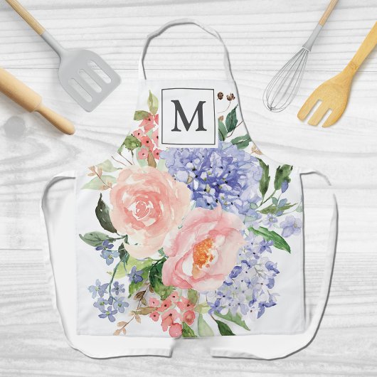 Monogram Waterverf Blauw Roze Lente Bloemen Schort