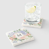 Monogram Waterverf Blauw Roze Lente Bloemen Stenen Onderzetter (Zijkant)