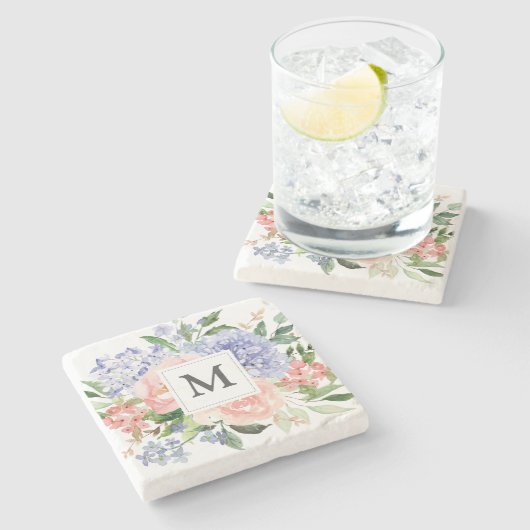 Monogram Waterverf Blauw Roze Lente Bloemen Stenen Onderzetter (Zijkant)