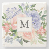 Monogram Waterverf Blauw Roze Lente Bloemen Stenen Onderzetter (Voorkant)