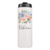 Monogram Waterverf Blauw Roze Lente Bloemen Thermosbeker (Voorkant)