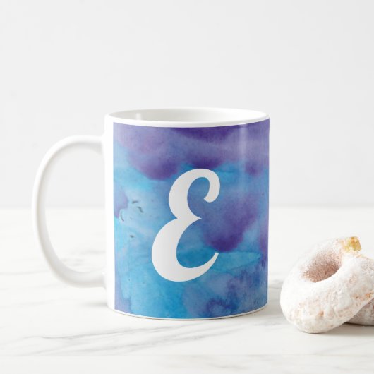 Monogram Waterverf Blauwe Paarse Marmer Stijl Koffiemok (Met donut)