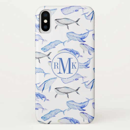 Monogram | Waterverf Blauwe Walvis Patroon Case-Mate iPhone Case (Achterkant)