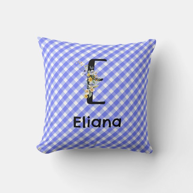 Monogram waterverf bloem geruit blauw minimalistis kussen (Voorkant)