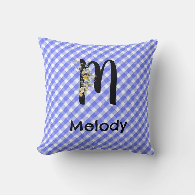 Monogram waterverf bloem geruit blauw patroon kussen (Voorkant)