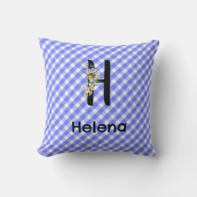 Monogram waterverf bloem geruit blauw patroon kussen (Voorkant)