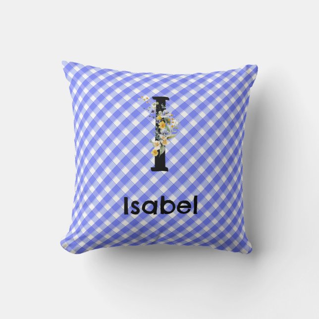 Monogram waterverf bloem geruit blauw patroon kussen (Voorkant)