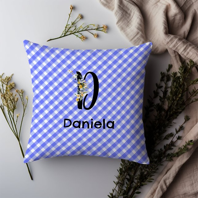 Monogram waterverf bloem gingham blauw minimalisti kussen (Creator heeft geüpload)