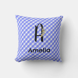 Monogram waterverf bloem gingham blauw patroon kussen