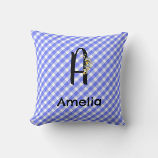 Monogram waterverf bloem gingham blauw patroon kussen