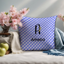Monogram waterverf bloem gingham blauw patroon kussen