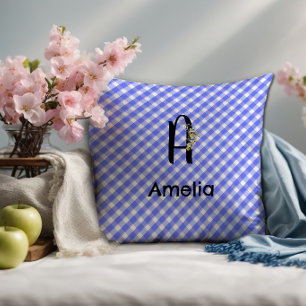 Monogram waterverf bloem gingham blauw patroon kussen