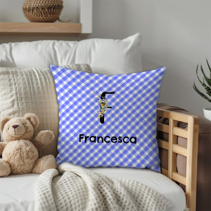 Monogram waterverf bloem gingham blauwe patroon kussen