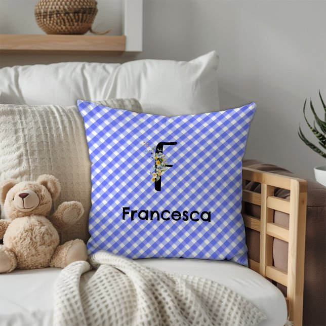 Monogram waterverf bloem gingham blauwe patroon kussen (Creator heeft geüpload)