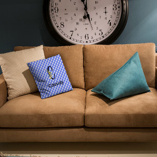 Monogram waterverf bloem gingham blauwe patroon kussen