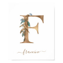 Monogram Waterverf Bloem Goud Letter F Poster