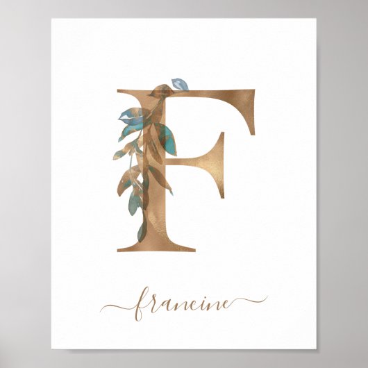 Monogram Waterverf Bloem Goud Letter F Poster (Voorkant)