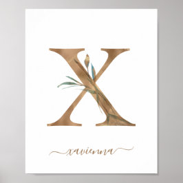 Monogram Waterverf Bloem Goud Letter X Poster