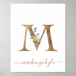 Monogram Waterverf Bloem Gouden Letter M Poster