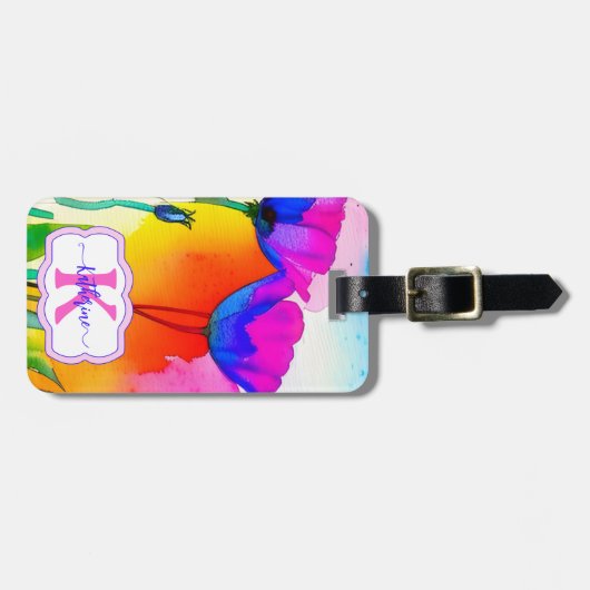 Monogram Waterverf Bloemen Custom Roze Poppies Bagagelabel (Voorkant horizontaal)