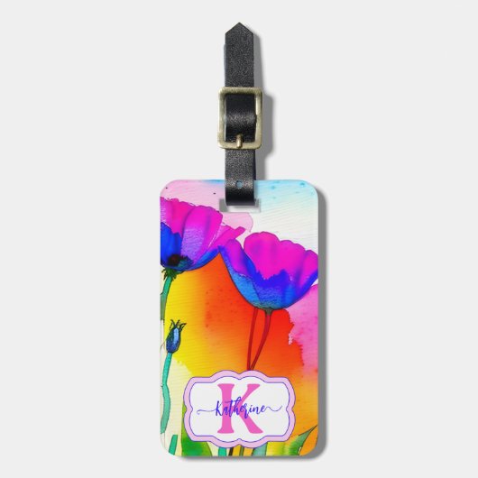 Monogram Waterverf Bloemen Custom Roze Poppies Bagagelabel (Voorkant verticaal)