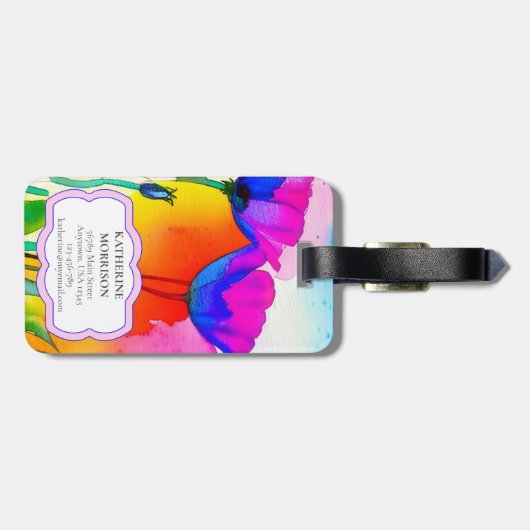 Monogram Waterverf Bloemen Custom Roze Poppies Bagagelabel (Achterkant horizontaal)