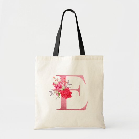 Monogram Waterverf Bloemen Roos Gold Alphabet E Tote Bag (Voorkant)