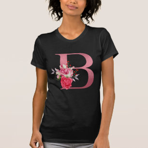 Monogram Waterverf Bloemen Roze Goud Alfabet B T-shirt