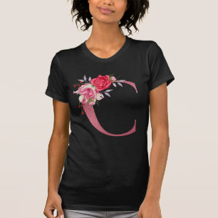 Monogram Waterverf Bloemen Roze Gouden Alfabet C  T-shirt