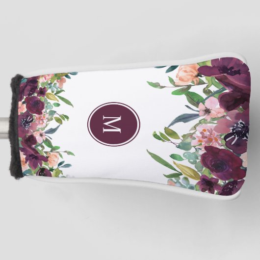 Monogram Waterverf Bloemendecor Roze Paars Marsala Golfheadcover (Voorkant)