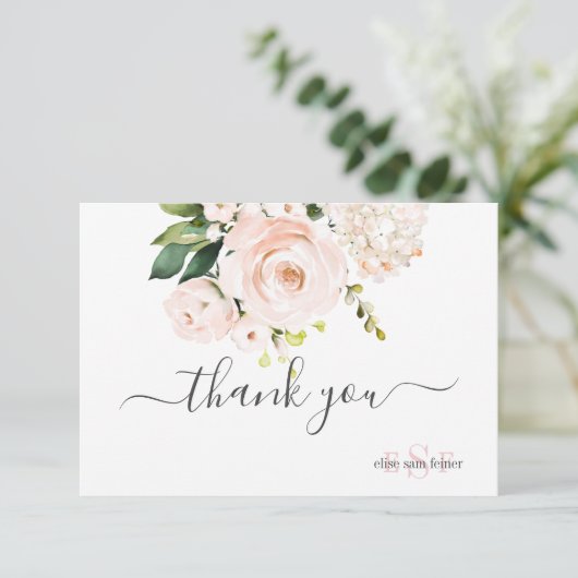 Monogram Waterverf Blush Roses Hydrangea Bedankkaart (Staand voorkant)