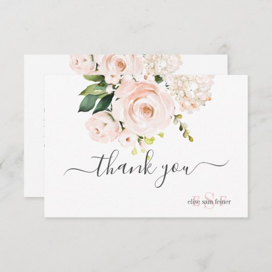 Monogram Waterverf Blush Roses Hydrangea Bedankkaart (Voorkant / Achterkant)