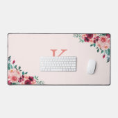 Monogram Waterverf Boho Pink Bourgondië Floral Bureaumat (Keyboard & Muis)