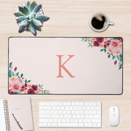 Monogram Waterverf Boho Pink Bourgondië Floral Bureaumat