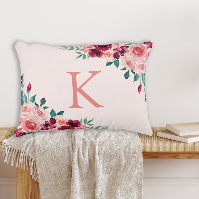 Monogram Waterverf Boho Roze Bourgogne Roos Bloem Accent Kussen (In situ)