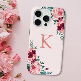 Monogram Waterverf Boho Roze Bourgogne Roos Bloem iPhone 15 Pro Case